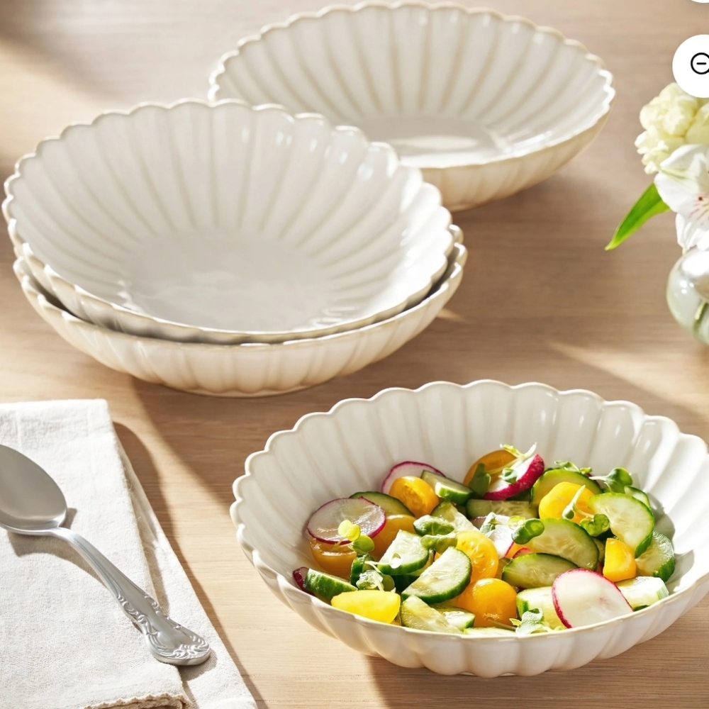 💕 New 4 Pk The Pioneer Woman Cream Scalloped Ceramic Dessert Dinner Bowls